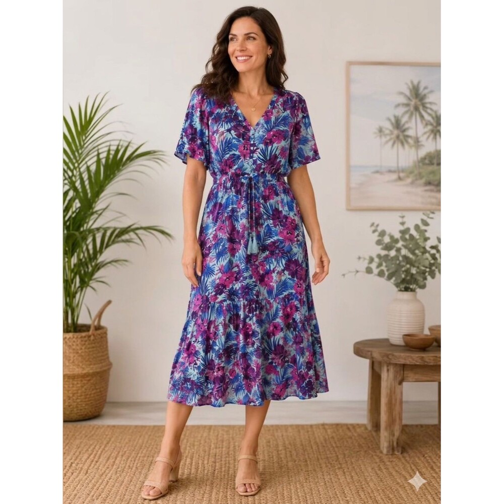 SUNDAY MI AMOR Blue Purple Tropical Floral Tiered Maxi Dress With a V-neckline